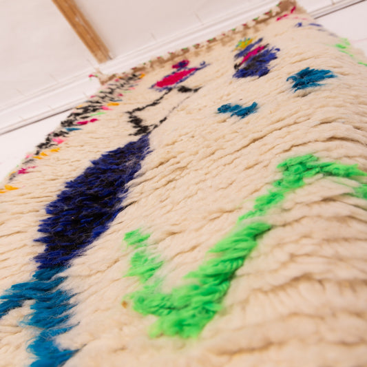 Vintage Moroccan Corridor Runner Rug - Cream Wool Handwoven Hallway Carpet with Multicolor Tribal Motifs - Berber Long Rug