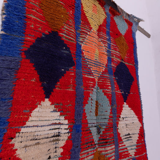 Vintage Boujad Rug – Moroccan Handmade Wool Carpet, Red & Blue Diamond Tribal Pattern, Boho & Eclectic Home Decor