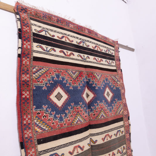 Handwoven Akhnif Moroccan Rug – Tribal Berber Flatweave in Deep Blue & Red