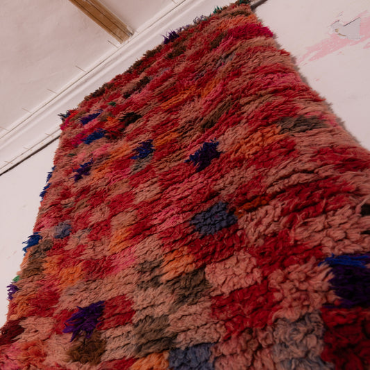 Vintage Moroccan Corridor Runner Rug - Handwoven Wool Carpet - Colorful Geometric Block Design - Red, Green, Blue & Brown