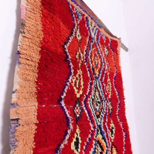 Vintage Moroccan Zigzag Berber Rug – Red Wool Runner with Geometric Patterns – Handwoven Boujaad Carpet