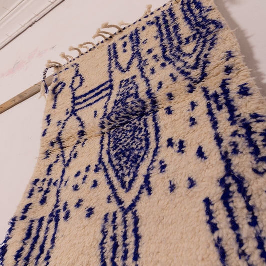 New Handmade Azilal Rug - Abstract Blue Berber Symbols on Cream - Modern Moroccan Tribal Wall Hanging or Floor Piece
