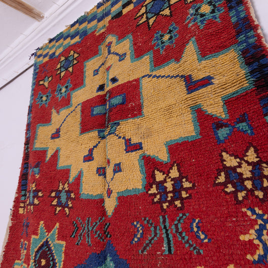 Bold Vintage Moroccan Taznakht Rug - Red Field with Tribal Medallions & Geometric Symbols