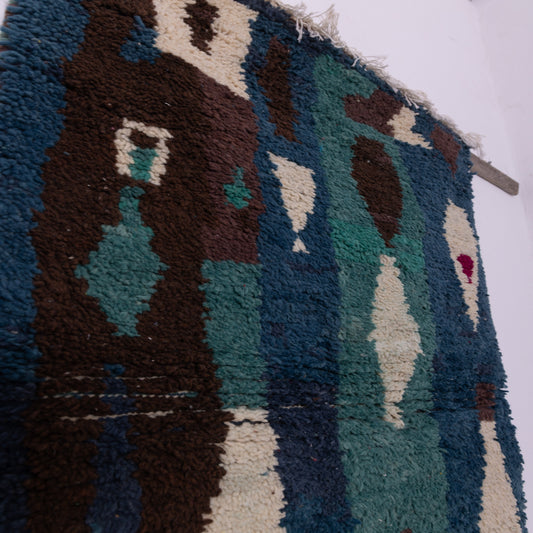 Handwoven Moroccan Boujad Rug – Contemporary Wool Berber Carpet, Boho Chic Area Rug, Blue & Earthy Tones, Unique Geometric Design