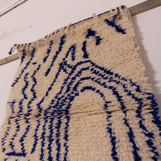 Handwoven Moroccan Wool Rug - Bold Blue Tribal Patterns on Cream - Unique Bohemian Wall Decor