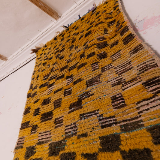 Vintage Moroccan Corridor Runner Rug - Handwoven Wool Carpet - Yellow & Brown Geometric Design