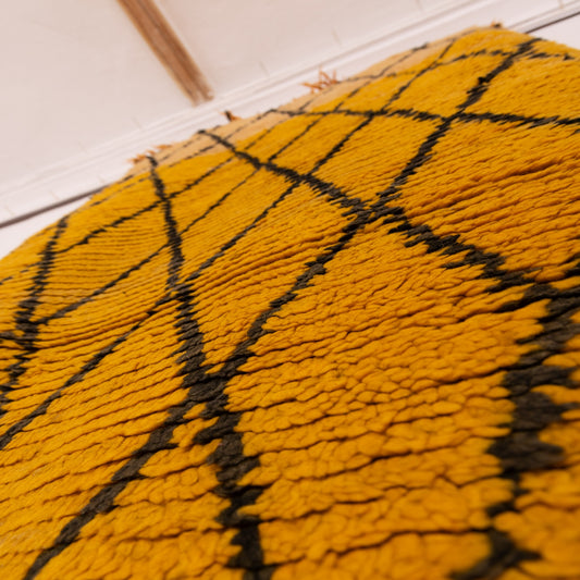 Vintage Moroccan Corridor Runner Rug - Handwoven Mustard Yellow Wool Hallway Carpet with Black Diamond Pattern - Berber Long Rug