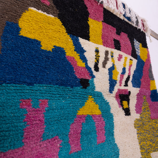 Figurative Boujad Rug – New Moroccan Wool Rug – Abstract Berber Art with Aqua, Magenta & Yellow – Handwoven Statement Wall Hanging