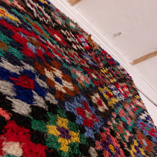 Vintage Moroccan Boucherouite Rug – Handwoven Colorful Berber Carpet with Geometric Mosaic Design