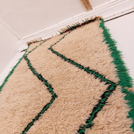 Vintage Moroccan Corridor Rug - Minimal Wool Runner with Zigzag Tribal Design and Green Border - Handwoven Berber Hallway Carpet