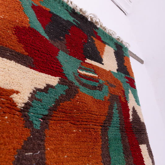 Earth-Toned Boujad Rug – New Moroccan Wool Rug – Terracotta, Forest Green & Cream – Abstract Tribal Handwoven Wall Hanging