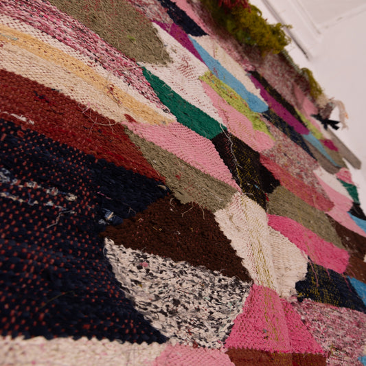 Colorful Vintage Moroccan Boucherouite Rug – Handmade Berber Rag Rug with Geometric Pattern