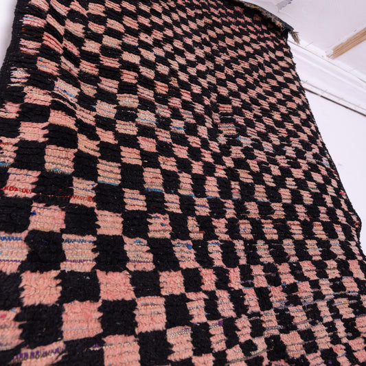 Vintage Moroccan Boucherouite Rug – Black & Pink Checkerboard Pattern – Handmade Berber Carpet