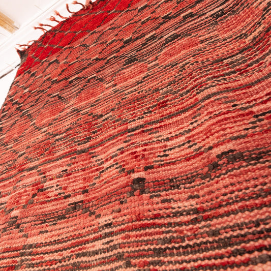 Vintage Moroccan Berber Runner Rug - Faded Red Diamond Pattern - Handmade Tribal Hallway Carpet
