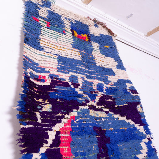 Vintage Moroccan Bjaad Rug – Handwoven Abstract Wool Carpet in Bold Blue & Red – Unique Boho Home Decor