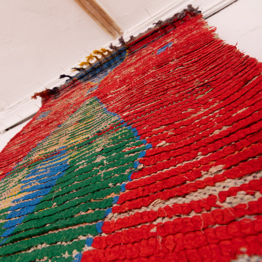Vintage Moroccan Corridor Rug - Bold Red Runner with Central Diamond - Handwoven Berber Wool