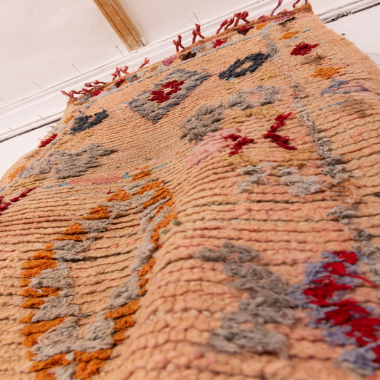 Vintage Moroccan Corridor Runner Rug - Faded Earth-Tone Wool Hallway Carpet with Tribal Diamond Motifs - Handmade Berber Rug