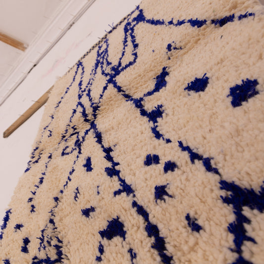 New Handmade Azilal Wool Rug - Blue Mountain Pattern on Cream - Abstract Tribal Decor for Wall or Floor