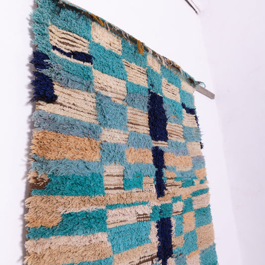Vintage Moroccan Boucherouite Rug – Handwoven Berber Carpet in Shades of Blue & Beige