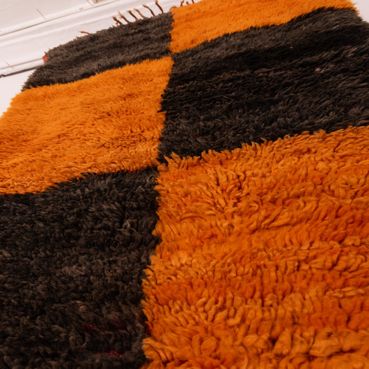 Vintage Moroccan Corridor Rug - Orange & Brown Checkerboard Runner - Handwoven Wool