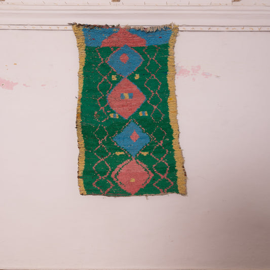 Vintage Moroccan Corridor Runner Rug - Colorful Geometric Wool Carpet - Handwoven Berber Design - Green, Pink, and Blue
