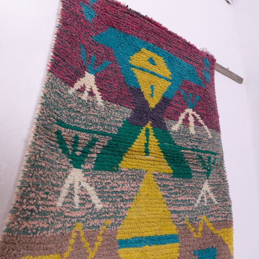 Symbolic Boujad Rug – New Moroccan Wool Rug – Berber Tribal Diamond Design – Mustard, Teal & Mauve Wall Hanging – Handmade Boho Decor