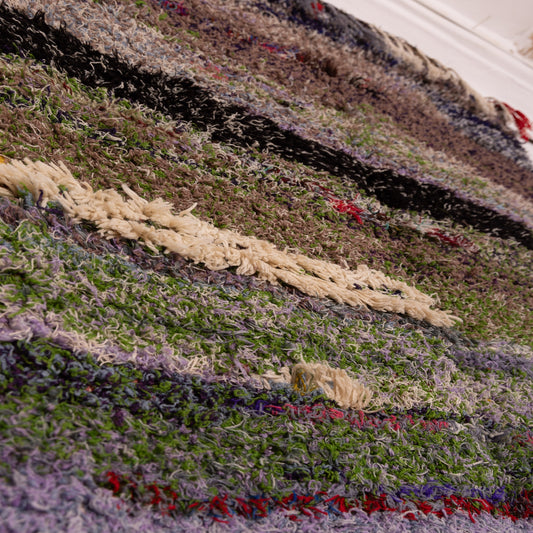Vintage Moroccan Boucherouite Rug – Handwoven Berber Carpet with Earthy & Pastel Stripes