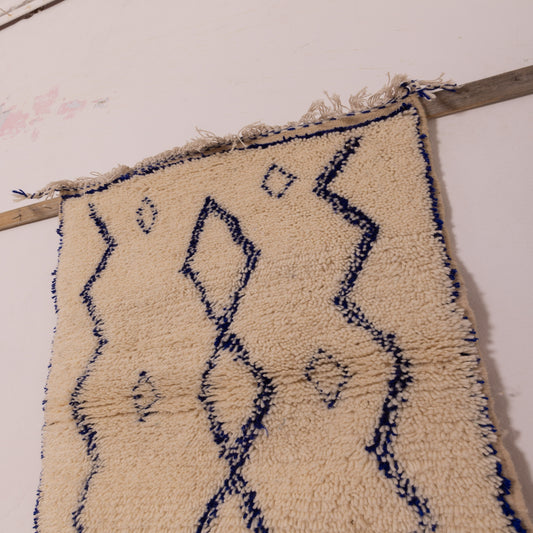 New Handmade Azilal Wool Rug - Blue Geometric and Tribal Design - Modern Moroccan Wall or Floor Decor