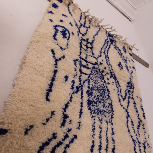 New Handmade Azilal Wool Rug - Abstract Blue Berber Symbols - Moroccan Tribal Floor or Wall Decor