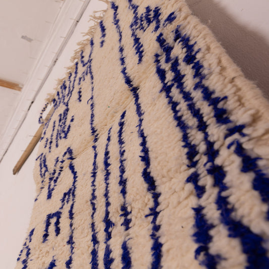 New Handmade Azilal Wool Rug - Abstract Blue Design on Cream - Modern Moroccan Tribal Art for Floor or Wall