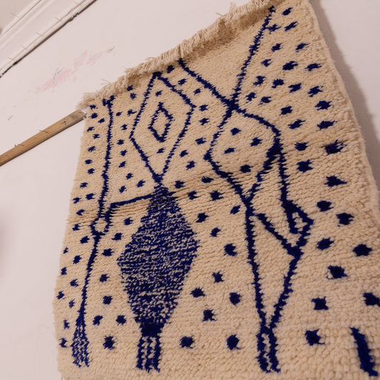 New Handmade Azilal Rug - Abstract Blue Berber Design on Cream - Moroccan Modern Tribal Wall Hanging or Floor Rug