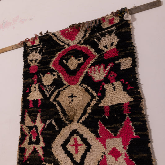 Vintage Moroccan Corridor Runner Rug - Handwoven Berber Tribal Carpet - Bold Magenta & Black - 80% Wool 20% Cotton - Unique Symbols & Figures