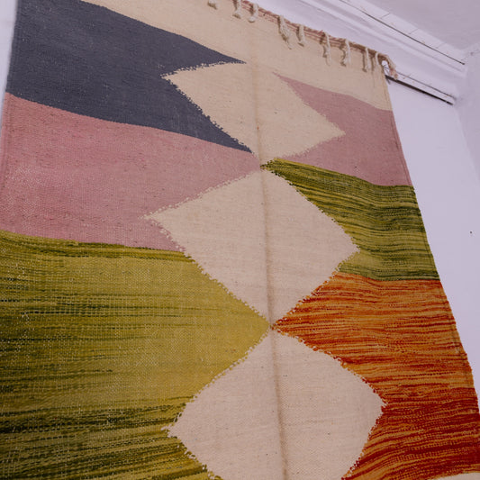 Handwoven Taznakht Moroccan Kilim Rug – 100% Wool Boho Geometric Carpet – Colorful Berber Handmade Rug – Modern Tribal Decor