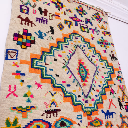 Vintage Moroccan Azilal Rug - Handwoven Berber Carpet with Tribal Symbols & Vibrant Colors - 100% Wool - Boho Wall Hanging or Floor Decor