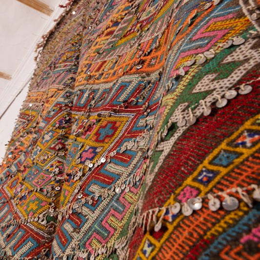 Vintage Moroccan Handwoven Wedding Blanket - Colorful Berber Handira with Sequin Accents