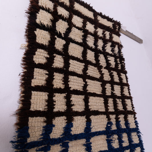 Vintage Azilal Rug – Black & Blue Checkered Moroccan Wool Rug - Handwoven Berber Minimalist Carpet - 100% Wool Textile