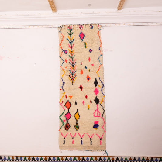 Vintage Moroccan Corridor Runner Rug - Handwoven Wool Hallway Carpet with Multicolor Tribal Motifs - Cream Berber Long Rug
