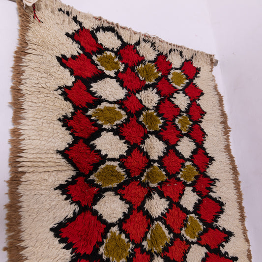 Vintage Moroccan Azilal Rug - Bold Red & Olive Diamond Pattern - Handwoven Berber Wool Carpet - Small Accent Rug