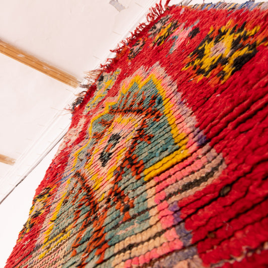 Vintage Moroccan Corridor Runner Rug - Handwoven Berber Wool Carpet - Red, Yellow & Green Tribal Design