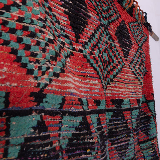 Vintage Azilal Rug – Bold Red & Green Moroccan Wool Rug - Handwoven Tribal Art Piece - Mid-Century Berber Carpet