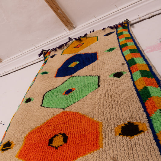Vintage Moroccan Corridor Runner Rug - Handwoven Wool Carpet - Colorful Geometric Hexagon Design - Yellow, Green, Orange & Blue