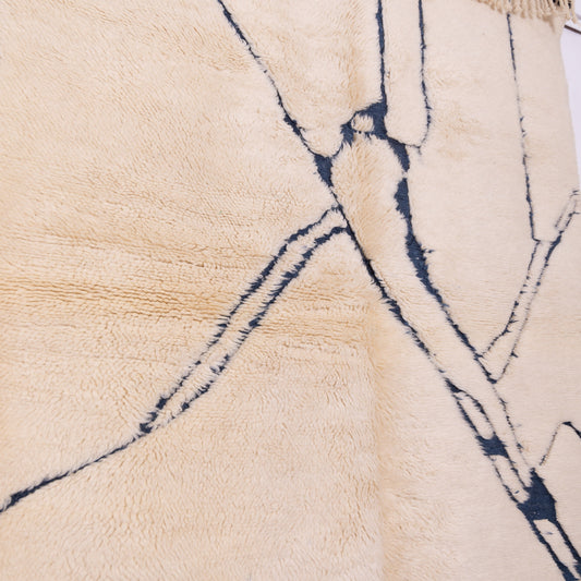 Handwoven Moroccan Wool Rug – Abstract Blue Line Art on Cream Background