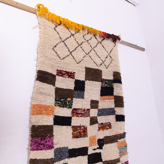 Vintage Azilal Rug – Handwoven Moroccan Wool Runner with Colorful Abstract Patchwork & Diamond Motifs – 100% Wool Tribal Boho Rug