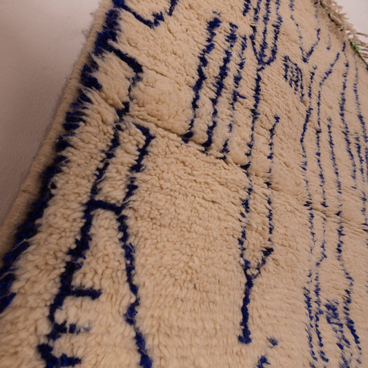 Handwoven Moroccan Wool Rug - Modern Abstract Line Pattern in Indigo on Cream - Berber Art Decor Carpet