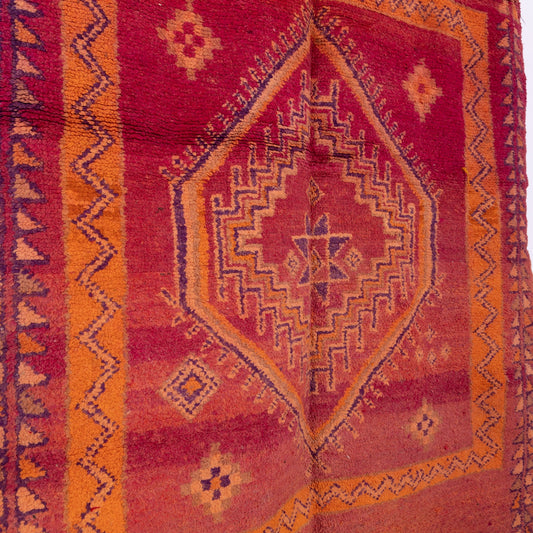 Vintage Moroccan Rehamna Rug – Handwoven Berber Carpet with Deep Red & Orange Geometric Motifs