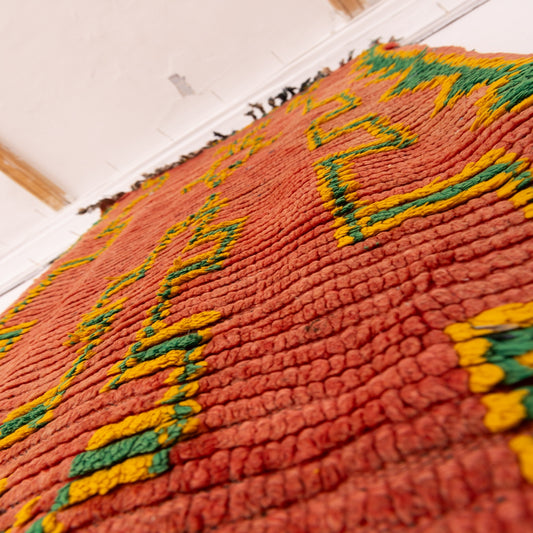 Vintage Moroccan Flat-Weave Runner Rug - Geometric Corridor Carpet in Red, Yellow & Green - Handwoven Tribal Zanafi-Style Rug - Hallway Decor