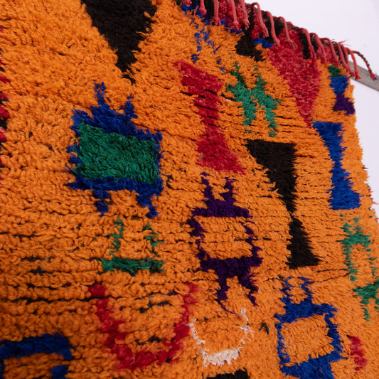 Vintage Orange Azilal Rug - Moroccan Berber Wool Carpet - Bold Tribal Pattern in Red, Green, and Black