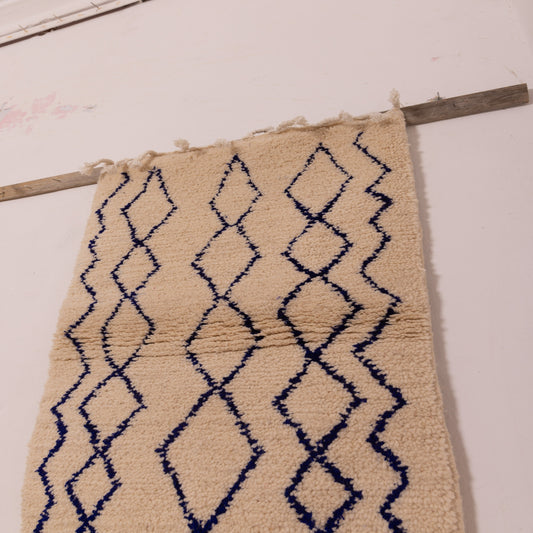 New Handmade Azilal Wool Rug - Diamond Pattern in Blue on Cream - Modern Moroccan Decor