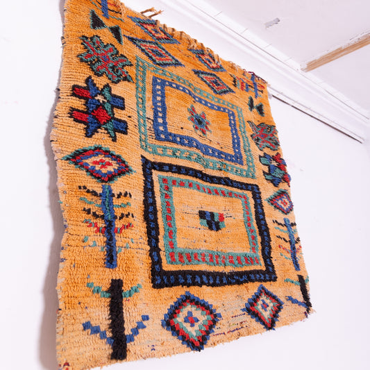 Vintage Bjaad Moroccan Rug – Handwoven Wool Berber Carpet with Geometric Tribal Symbols – Authentic Boho Home Decor