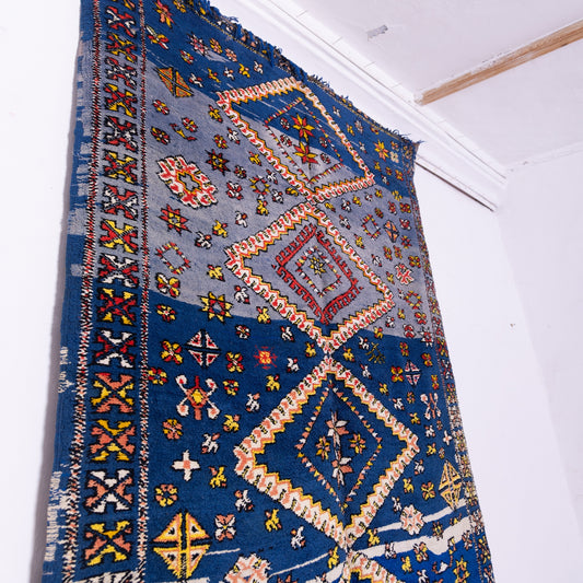 Vintage Moroccan Bjaad Rug – Handwoven Wool Berber Carpet in Deep Blue with Geometric Tribal Symbols – Bohemian Home Decor